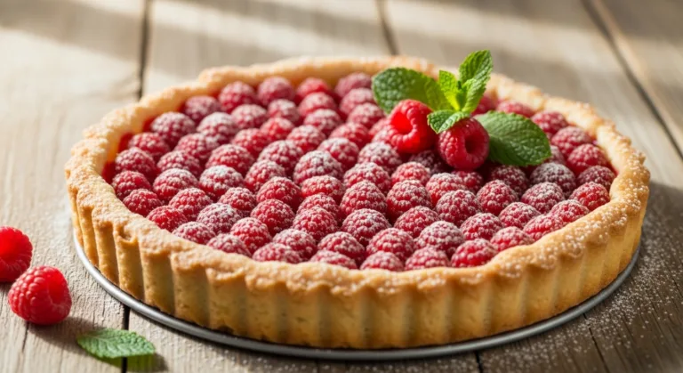 Tarte aux framboises dorée, garnie de framboises fraîches et de sucre glace