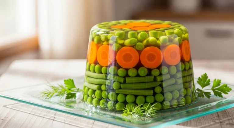 Aspic de légumes aux couleurs vives présenté sur un plat en verre transparent